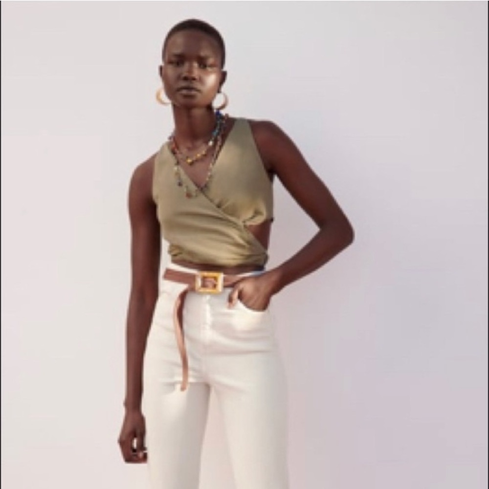 NWT Zara Linen Wrap V-Neck Crop Green Top Size M